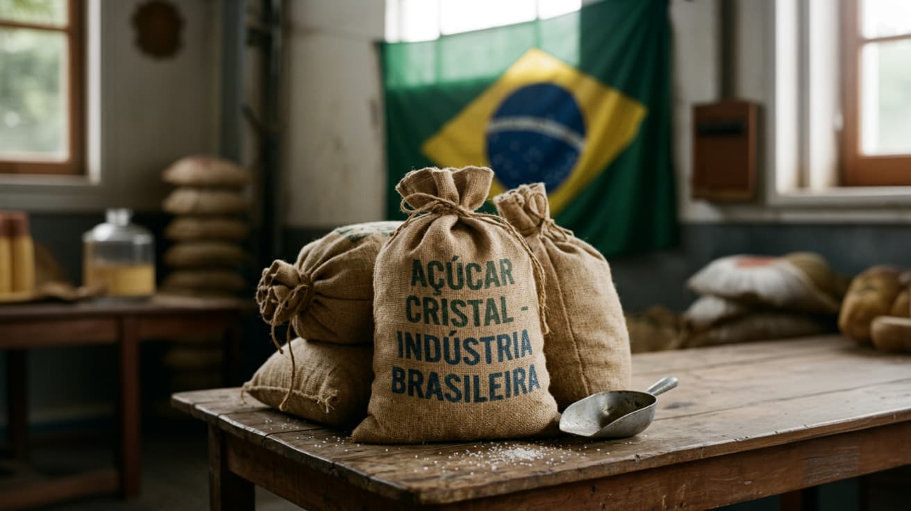 Sugar bags on a table, a Brazilian flag on the wall in the background - Notícia Jerone Toledo