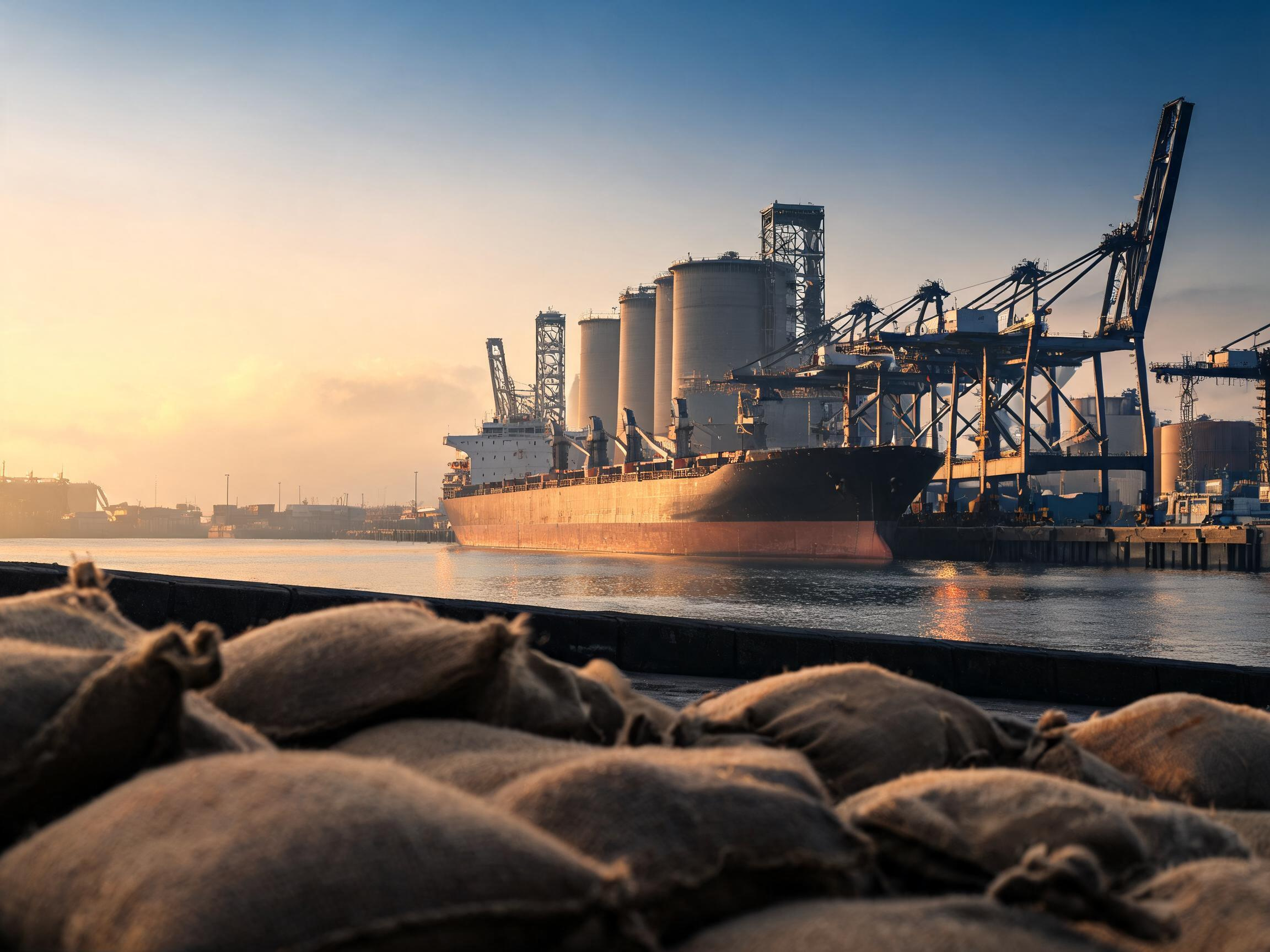 Bulk carrier ship docked at a port terminal at sunrise, with grain silos and cranes in the background, sacks in the foreground - Notícia Jerone Toledo